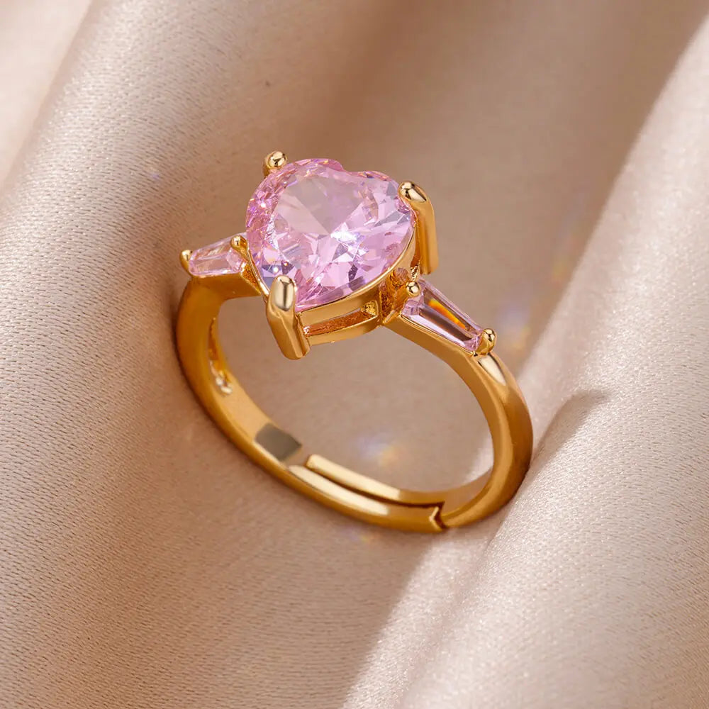 Pink Zircon Heart Rings For Women Gold Plated Stainless Steel Adjustable Heart Ring 2023 Trend Wedding Aesthetic Jewelry Gift