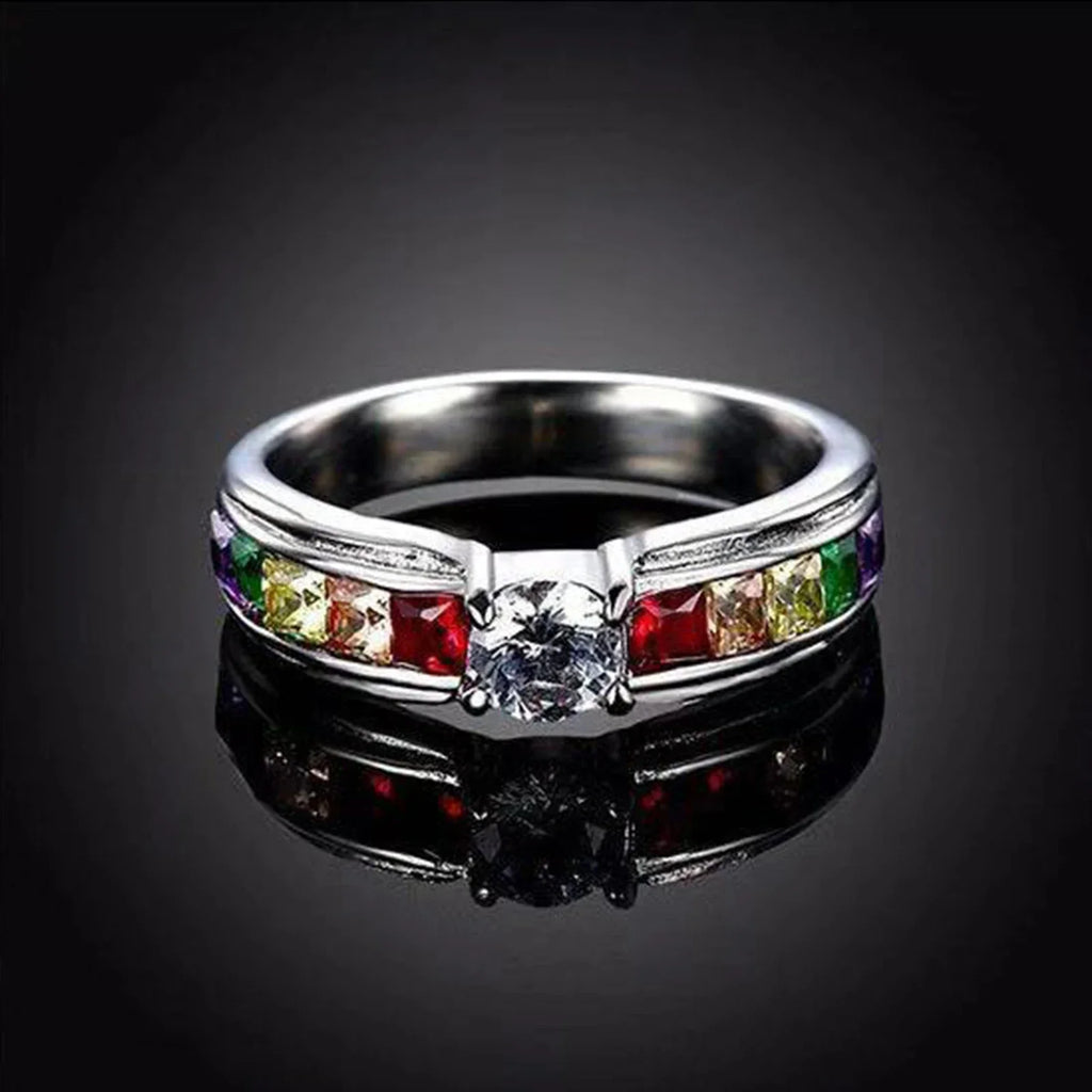 Real 100% 925 Sterling Silver Color Rainbow Cubic Zircon Rings For Women Wedding Lovely Engagement Proposal Ring Accessory