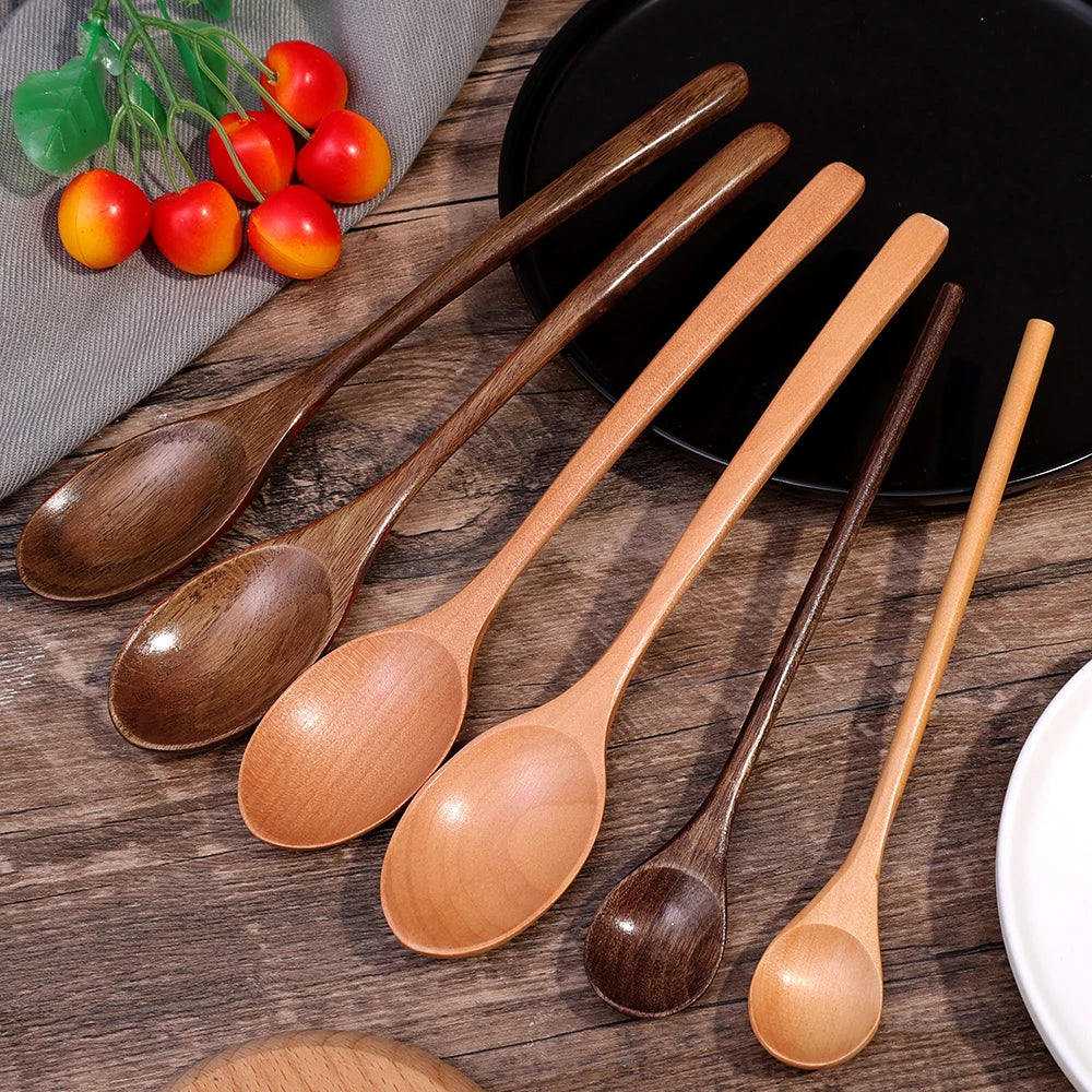 Long Handle Wooden Spoon Set | Natural Wood Soup Scoop for Cooking and Stirring