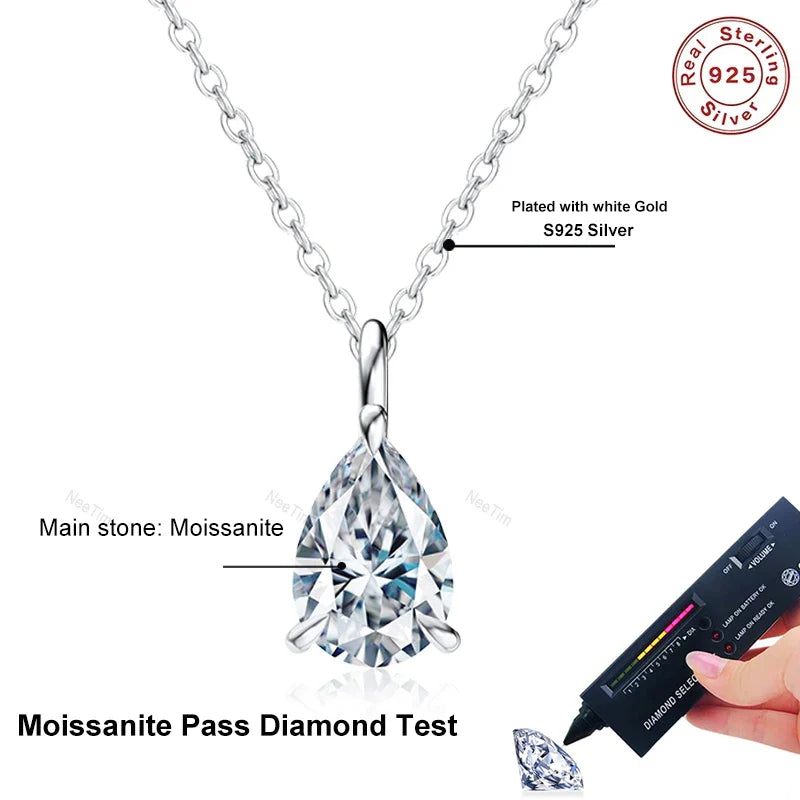 NeeTim Water Drop1ct 2ct Moissanite Pendant Necklace S925 Silver Pear Cut Lab Diamond Neckchain with Certificate for Women