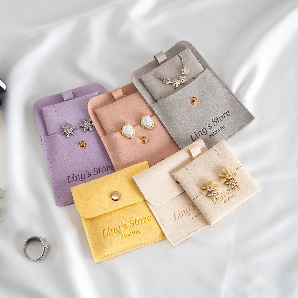 20/50/100Sets Personalized Logo Jewelry Microfiber Snap Bag 8x8cm Button Pouch Insert Luxury 6x6cm Cards Can Debossed Print Name