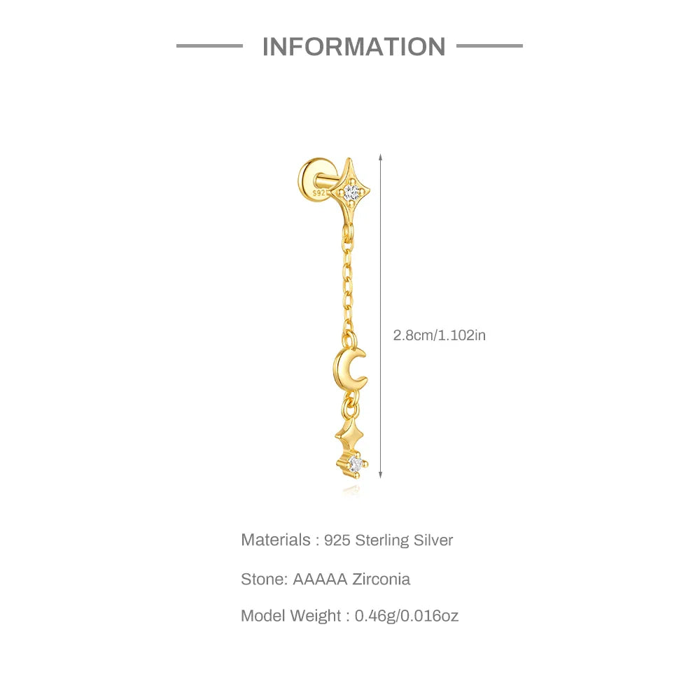 CANNER 1PC Four Pointed Star Moon Tassel Lotus Cartilage Spiral Puncture 925 Sterling Silver Stud Earring For Women Ins Earring
