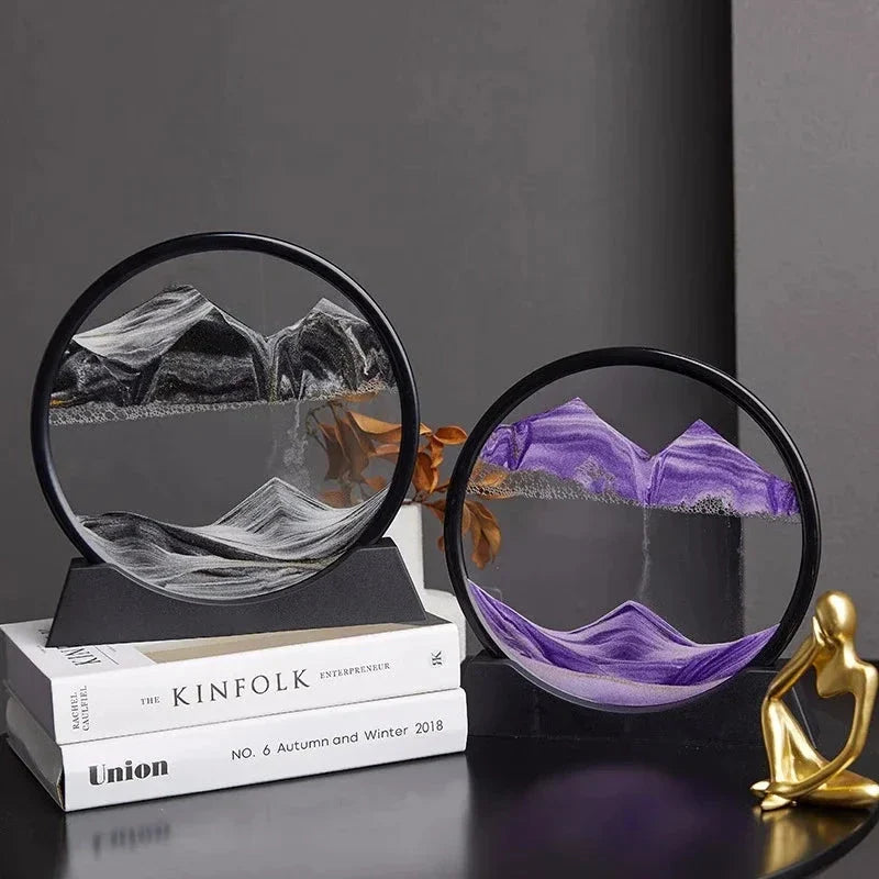 3D Moving Sand Art Picture - Round Glass Deep Sea Sandscape Hourglass for Home & Office Decor