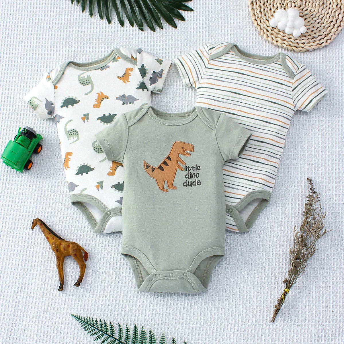 3PCS Baby Bodysuit Set for Boys | Summer Short Sleeve Cotton Romper with Cartoon Dinosaur & Stripe Designs