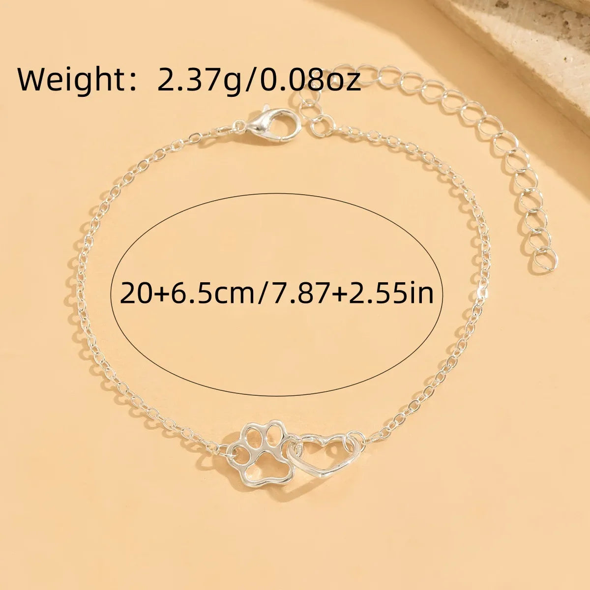 925 sterling silver women's ankle bracelet with double-layer cat claw and heart-shaped charms, Bohemian-style vacation jewelry