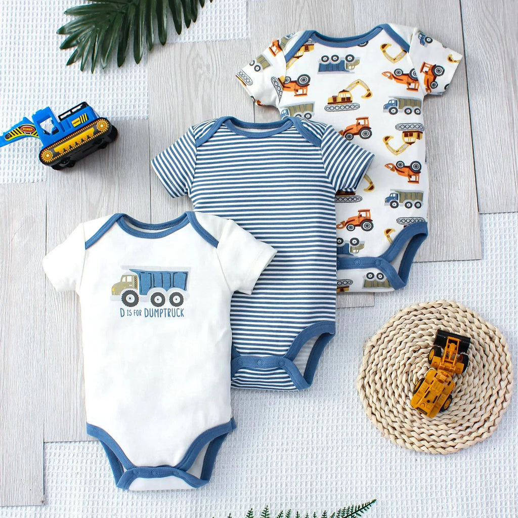 3PCS Baby Bodysuit Set for Boys | Summer Short Sleeve Cotton Romper with Cartoon Dinosaur & Stripe Designs
