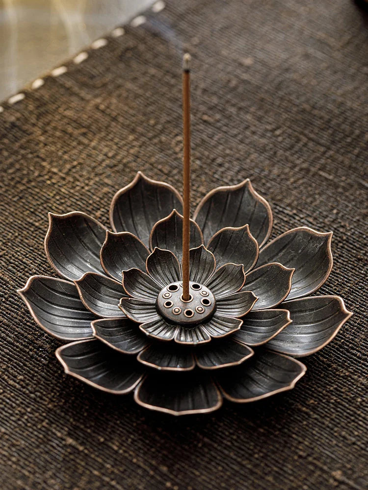 2in1 Alloy Incense Burner | Metal Sandalwood Stick Holder with Zen Lotus Design