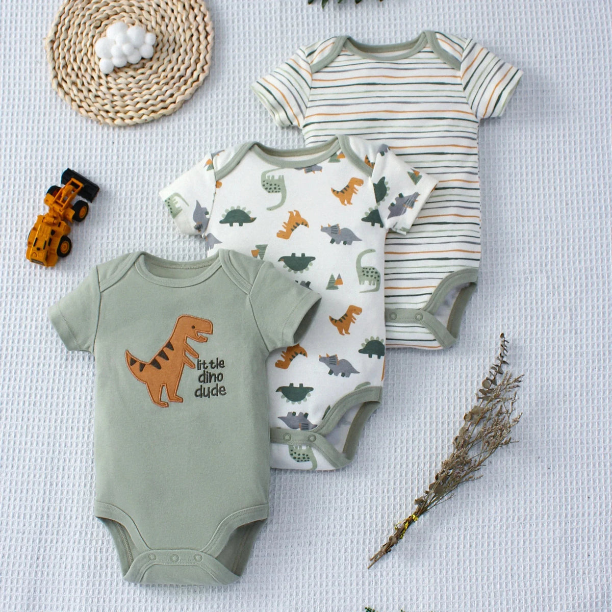 3PCS Baby Bodysuit Set for Boys | Summer Short Sleeve Cotton Romper with Cartoon Dinosaur & Stripe Designs