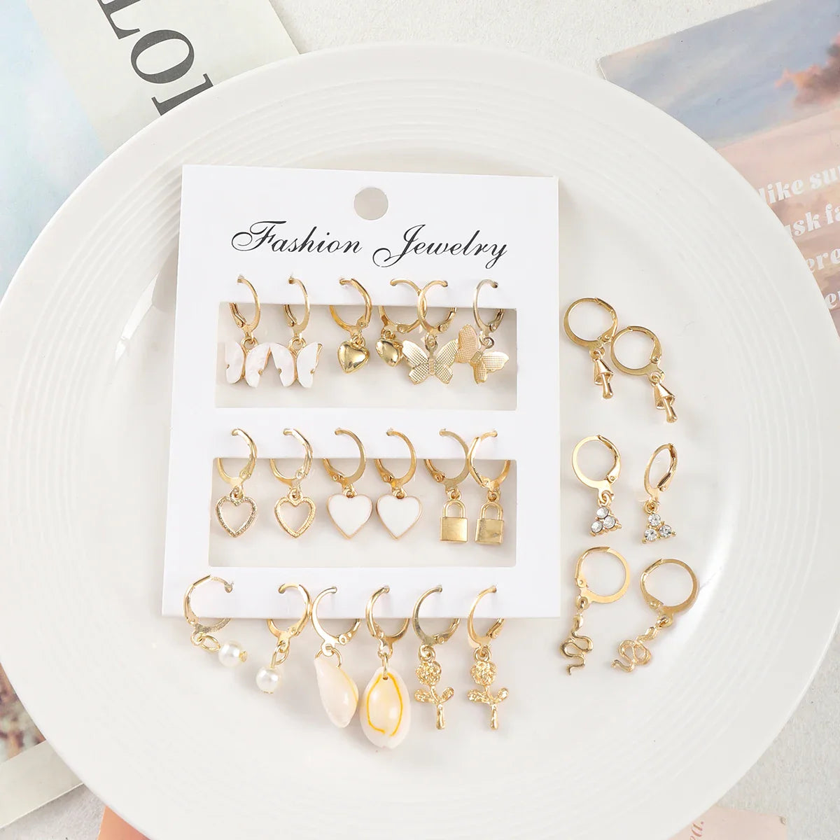 9 Pairs/ Set Exquisite Butterfly Heart Dragonfly Design Dangle Earrings Simple Vacation Style Delicate Holiday Earrings