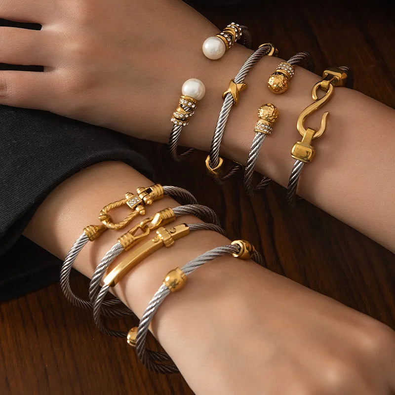 1pcs Stainless Steel Gold-plated Bangle Trendy Retro Hip-hop Style Bracelet Fried Dough Twists Steel Wire Rope Colorfast Bangle