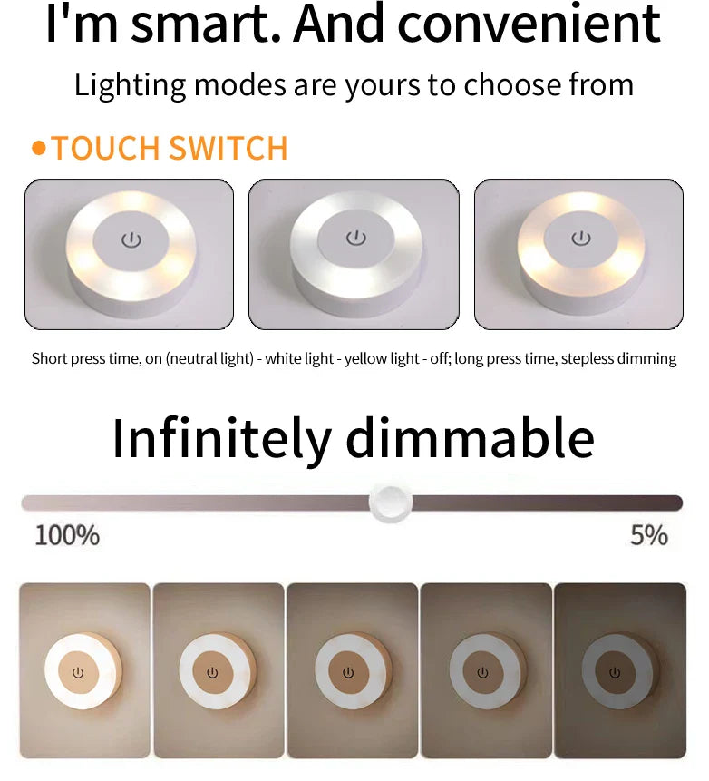 6CM Rechargeable LED Night Light | Touch Switch Wireless Wall Lamp with 3-Color Dimmable Modes