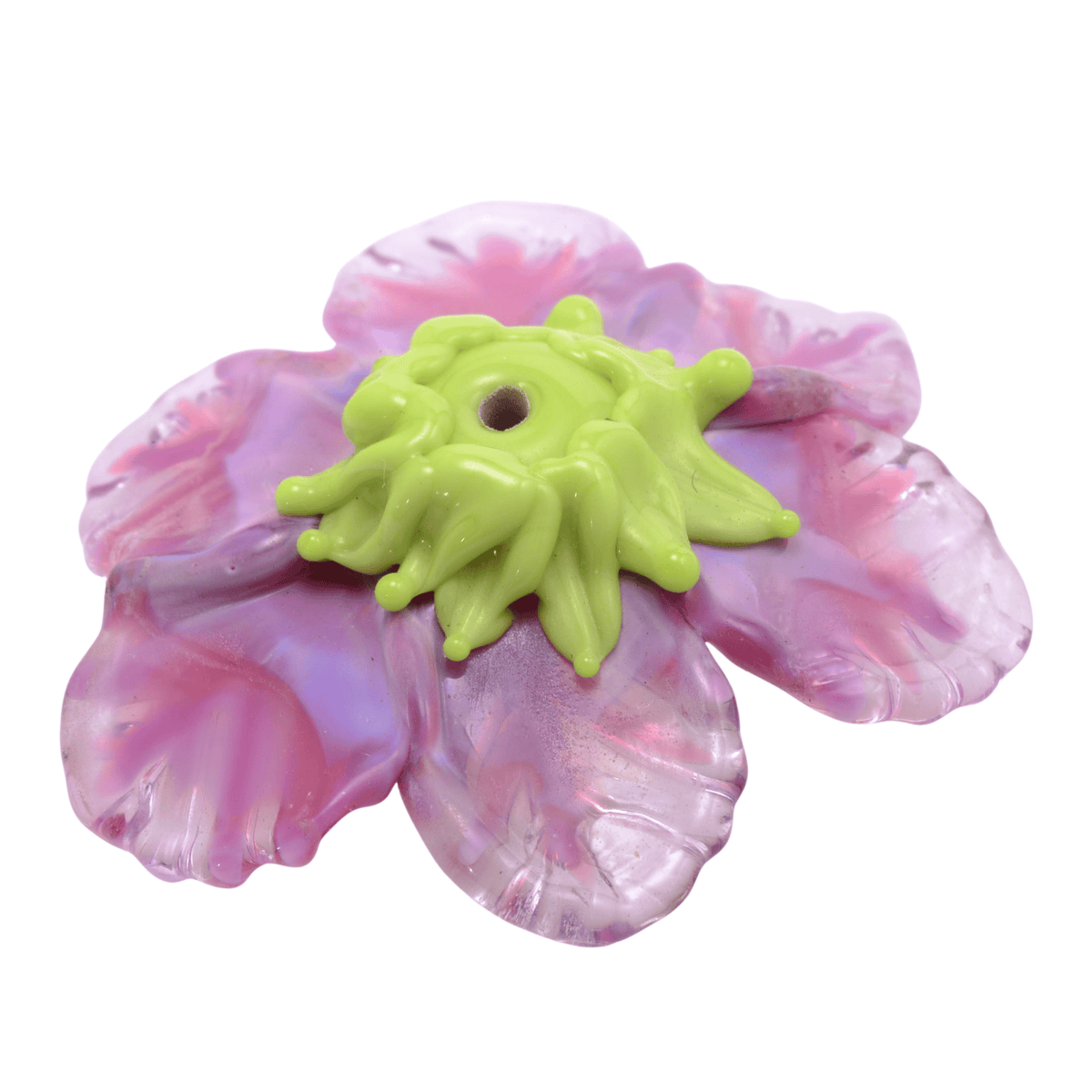 Handmade Lampwork Glass Flower Focal Bead: Pink Purple with Green Center - 12x36mm