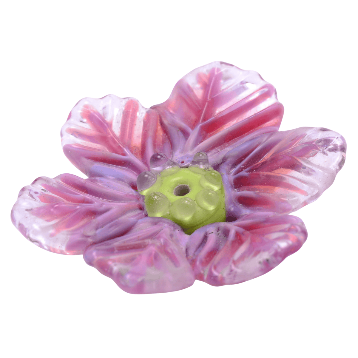 Handmade Lampwork Glass Flower Focal Bead: Pink Purple with Green Center - 12x36mm