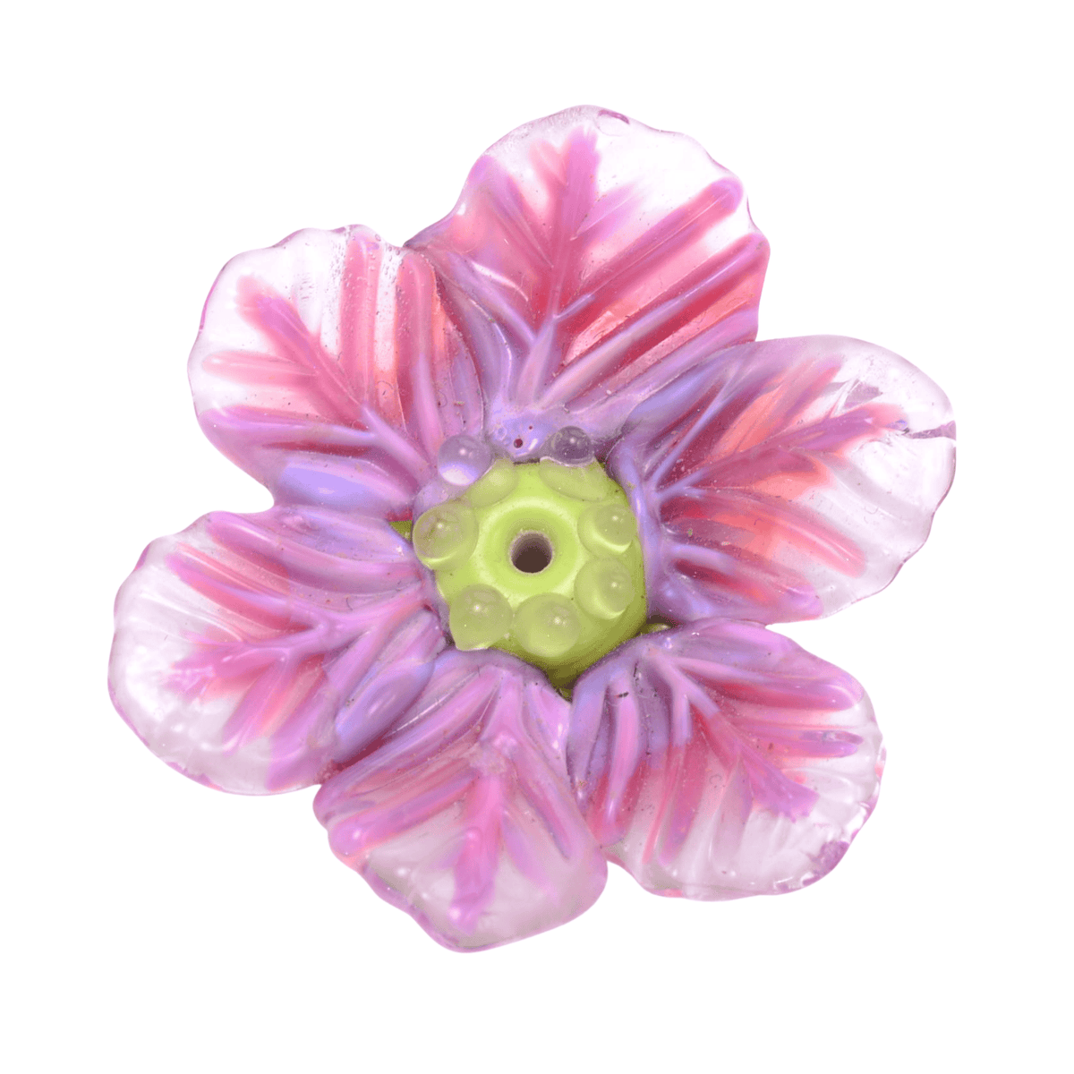 Handmade Lampwork Glass Flower Focal Bead: Pink Purple with Green Center - 12x36mm