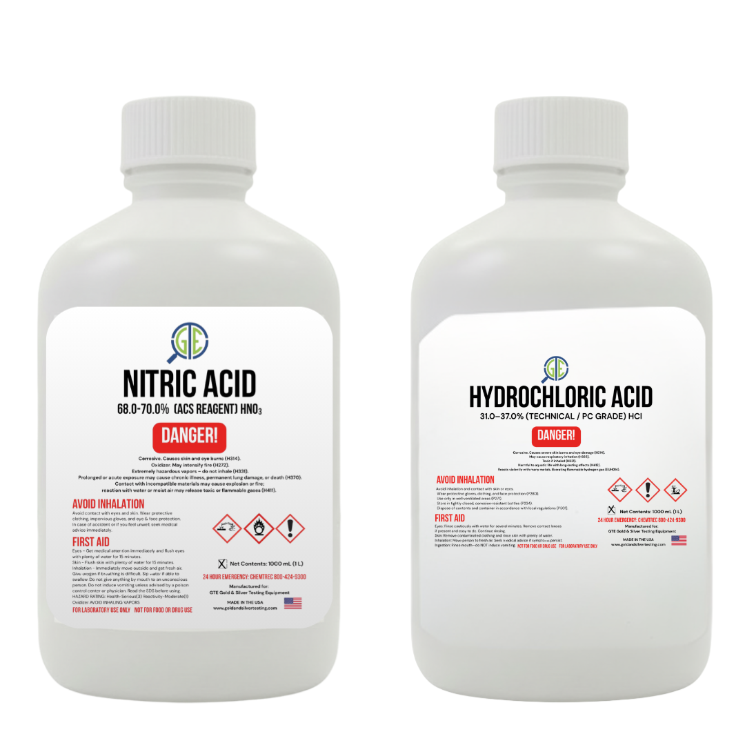 Aqua Regia Gold Refining Kit – 69.8–70% Nitric Acid & 31–37% Hydrochloric Acid (32oz/32oz) GTE