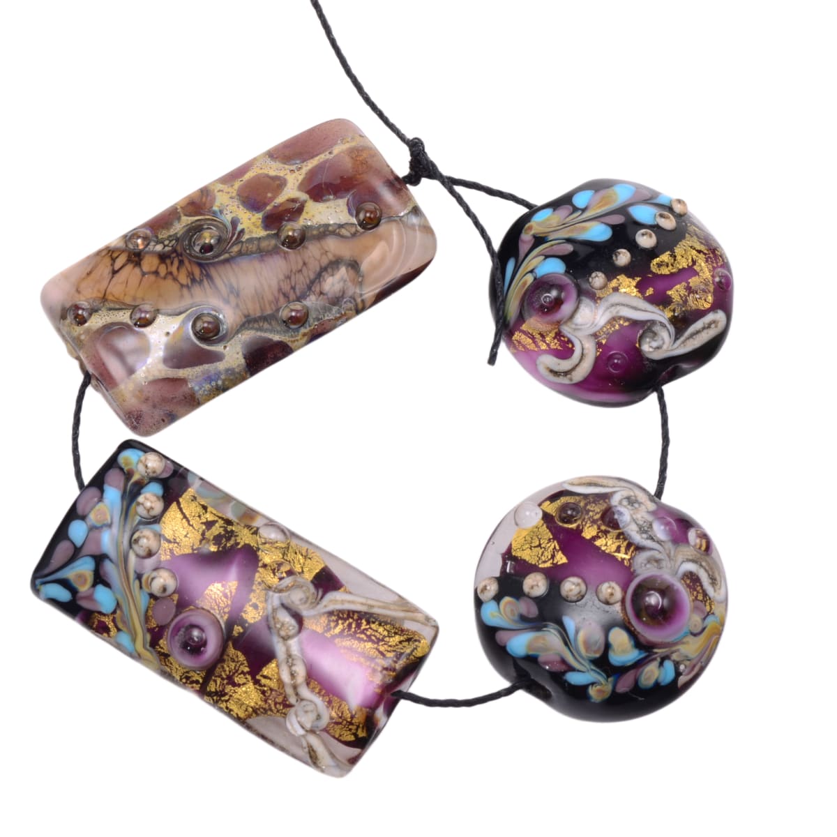 Handmade Lampwork Glass Focal Bead Set - Grace Ma - Purple Black Blue Lentil and Kalera Beads 4pc