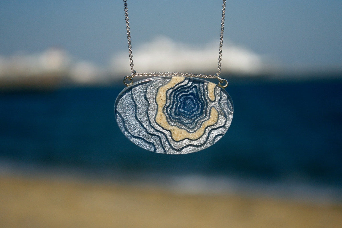 Silver Atoll Pendant Necklace – Aqua & Ultramarine Resin with Sand Design