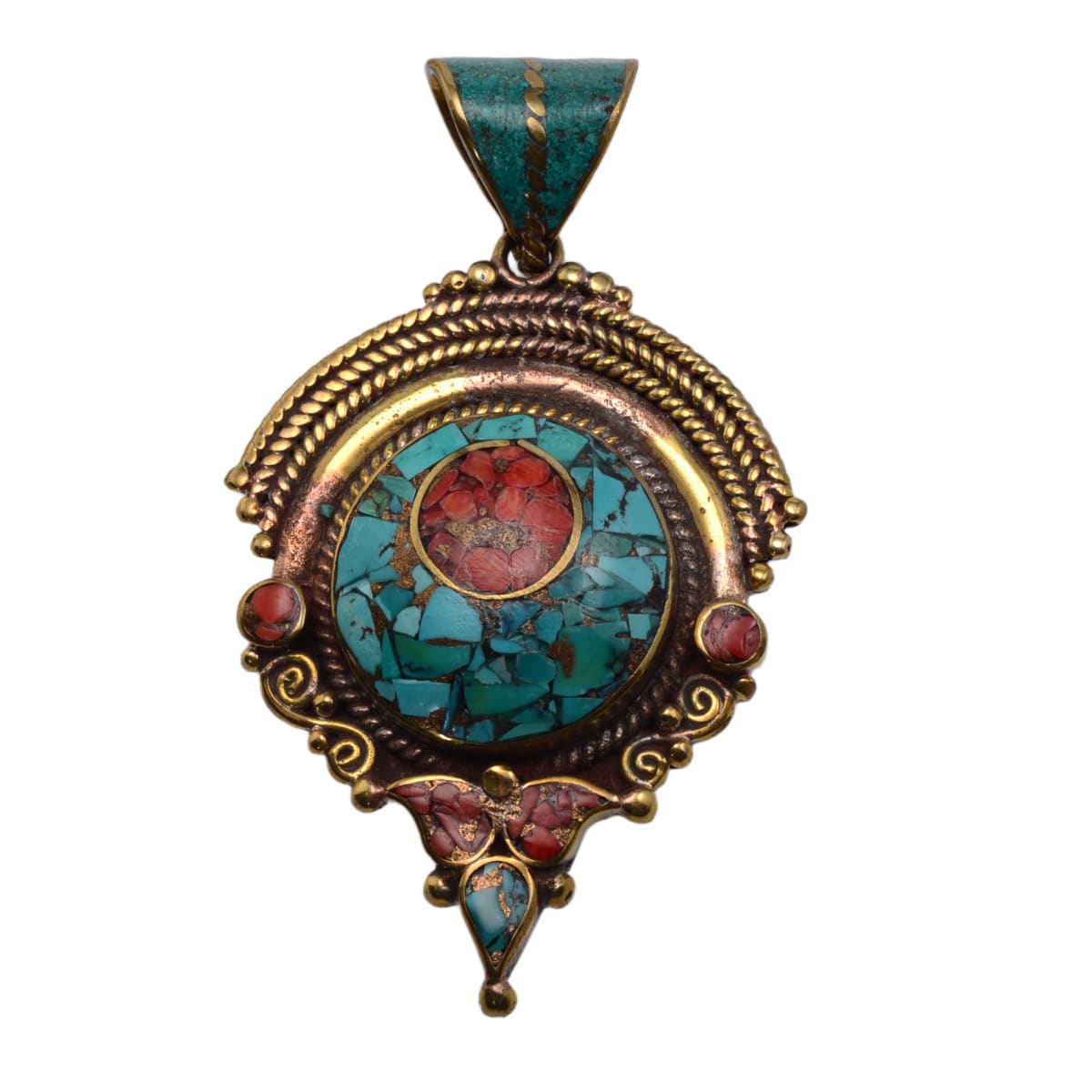 Tibetan Brass Turquoise Coral Statement Pendant 90x53mm - Ornate Traditional Design