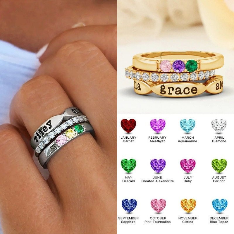 12 Color Birthstone Three Piece Combination Stacked Ring