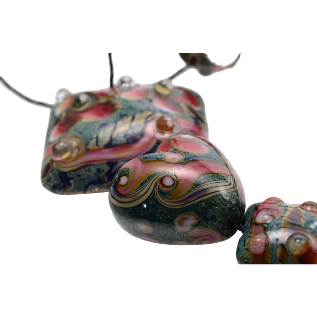 Grace Ma Handmade Lampwork Glass Bead Strand - Floral Teal Pink Gold 13 Beads Mixed Shapes