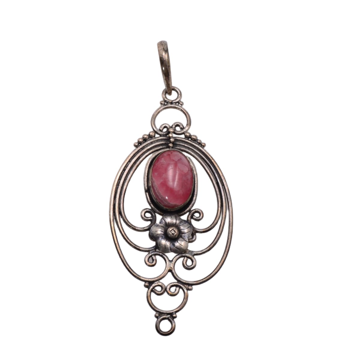 Pink Rhodochrosite Sterling Silver Ornate Filigree Pendant - 70mm Statement Focal