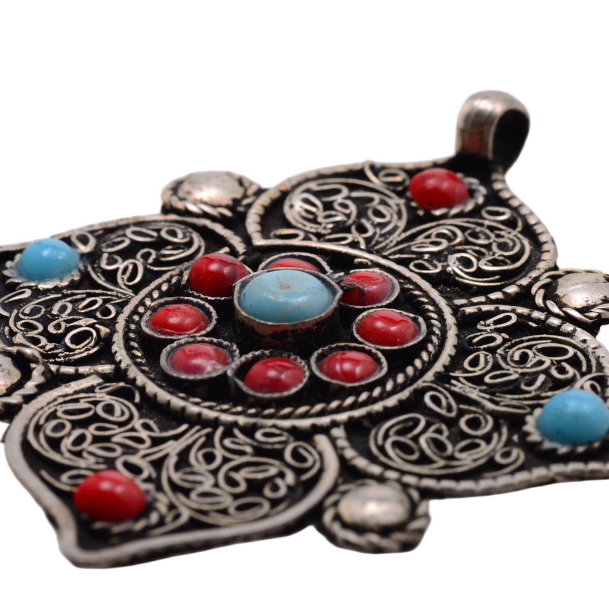 Sterling Silver Tibetan Ghau Amulet Pendant with Coral and Turquoise - 45x50mm