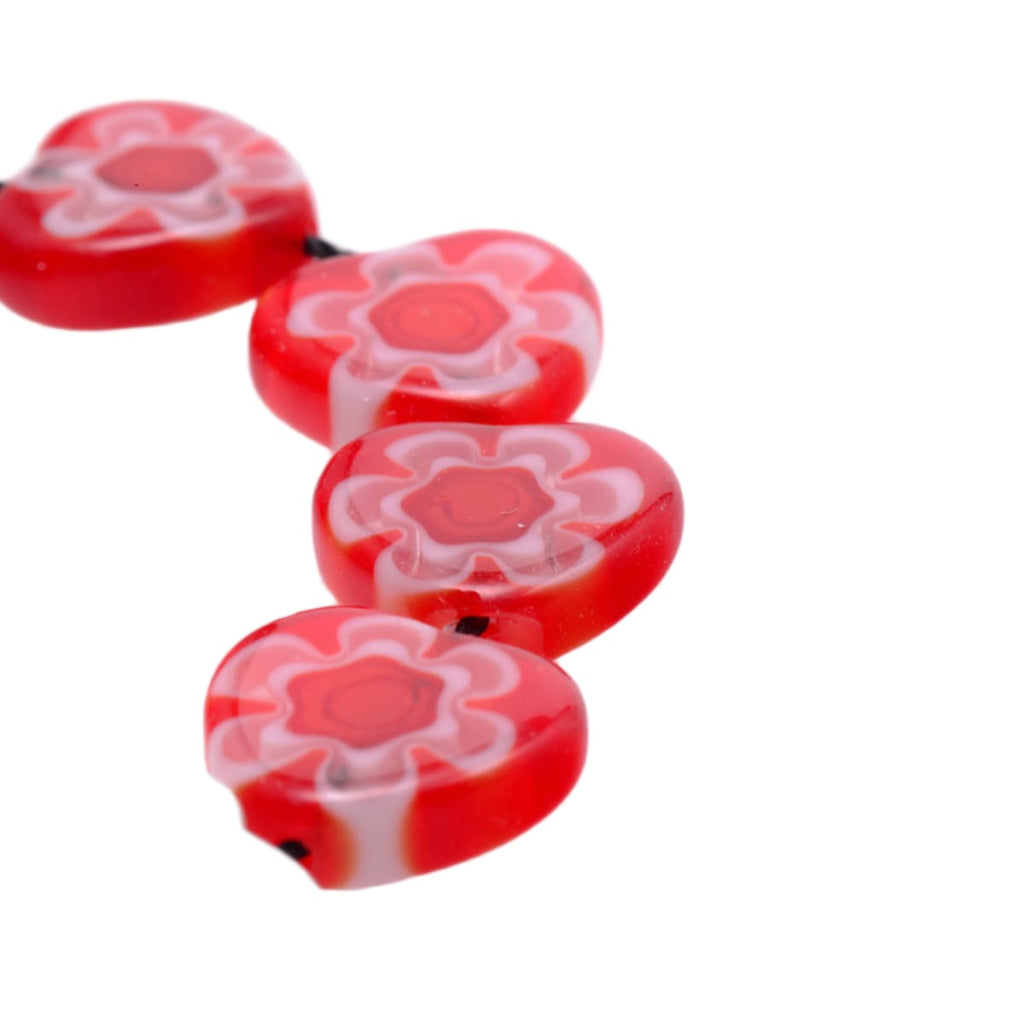 Red and White Heart Lampwork Glass Beads - 12mm Strand of 11 Beads