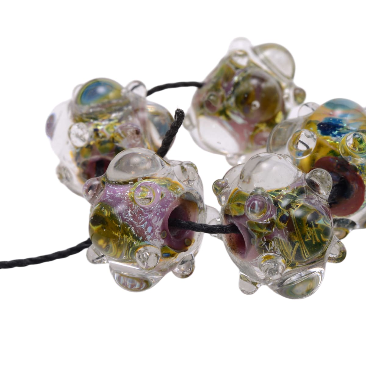 Lampwork Glass Grace Ma Bumpy Rondelle Beads - Clear Multi-Color Silver Fleck 9x14mm Borosilicate - Set of 5 Handmade Art Glass