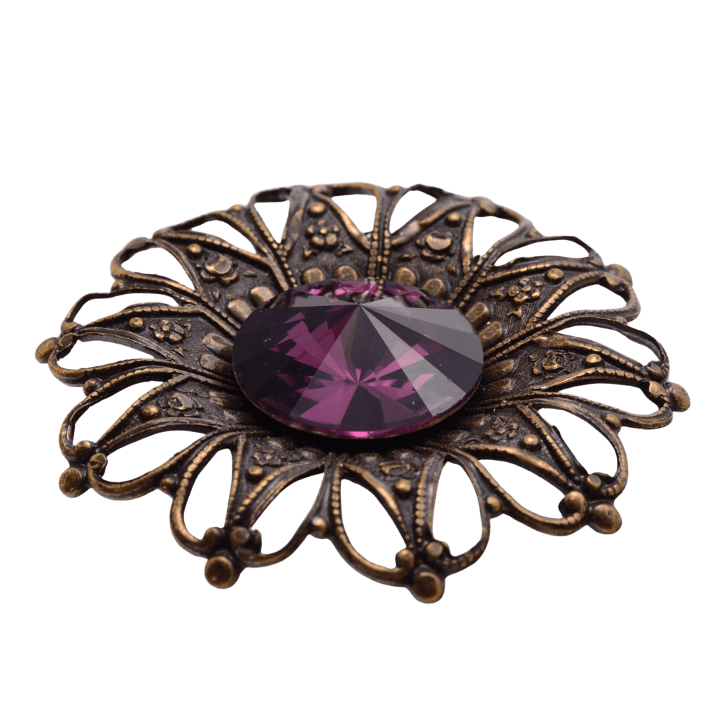 Vintage Style Ornate Brass Filigree Brooch with Purple Rhinestone - 37mm Floral Design