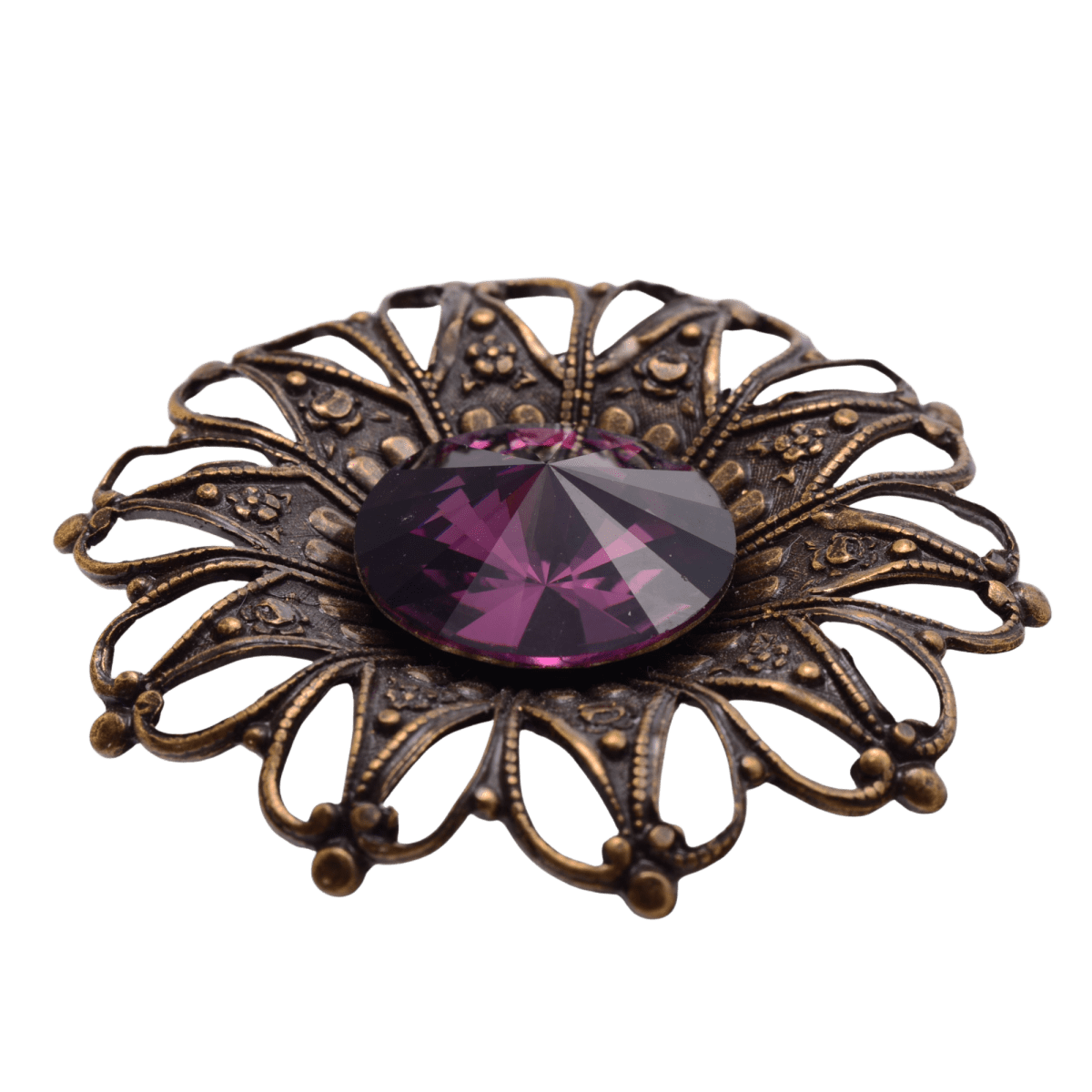 Vintage Style Ornate Brass Filigree Brooch with Purple Rhinestone - 37mm Floral Design