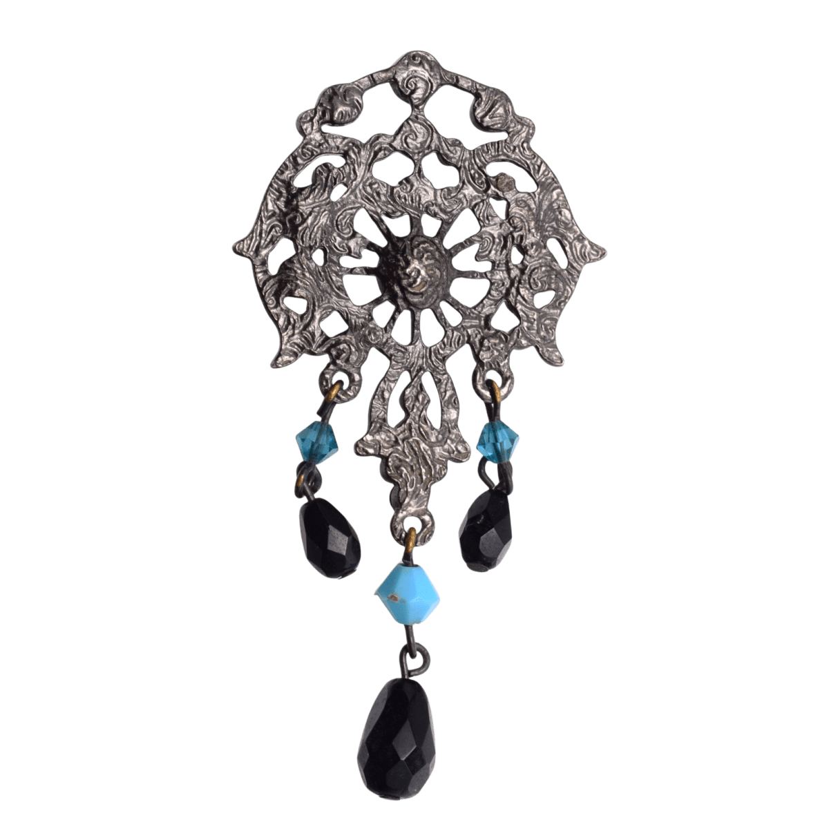 Vintage Turquoise Black Glass Crystal Brooch Pin - Ornate Art Nouveau Style 35x65mm