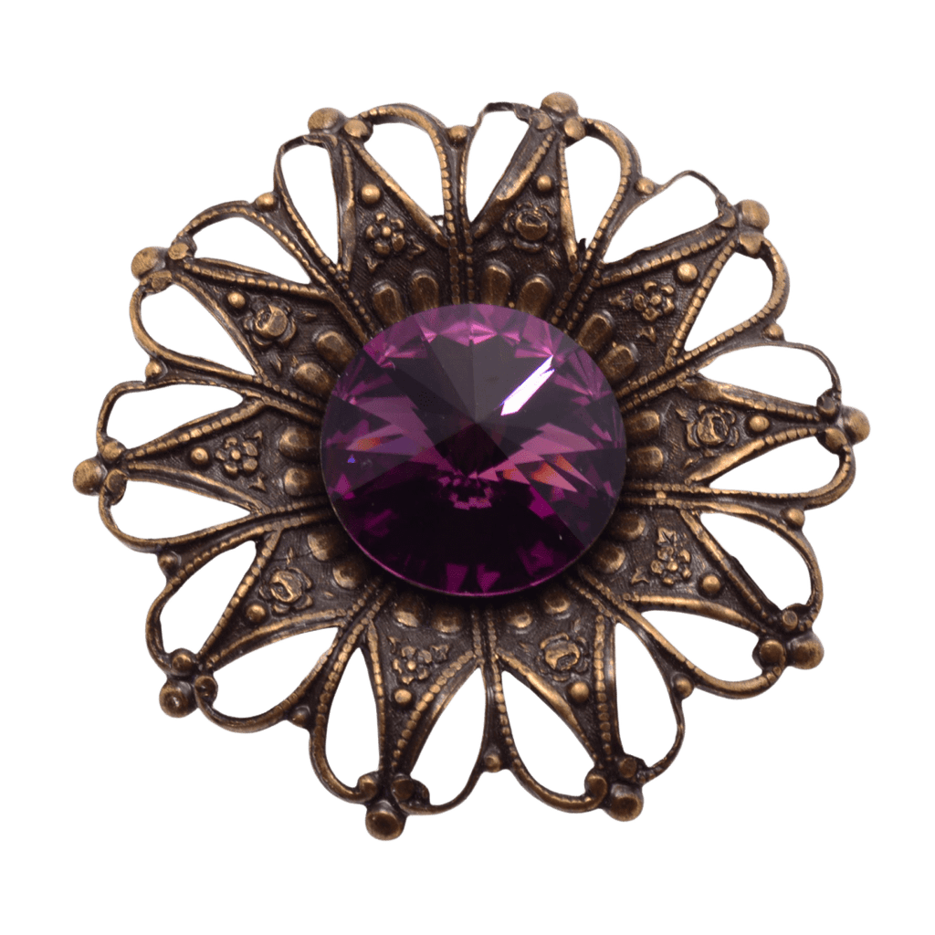 Vintage Style Ornate Brass Filigree Brooch with Purple Rhinestone - 37mm Floral Design