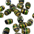 Lampwork Glass Beads with Gold Leaf - Green Blue Clear 14mm Barrel Shape