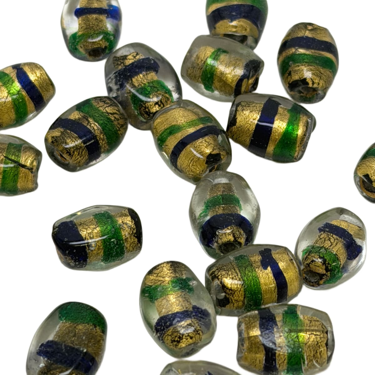 Lampwork Glass Beads with Gold Leaf - Green Blue Clear 14mm Barrel Shape
