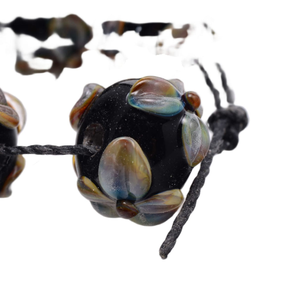 Lampwork Glass Flower Rondelle Beads - Black Multicolor 9x15mm - Set of 5 Handmade Art Glass Beads