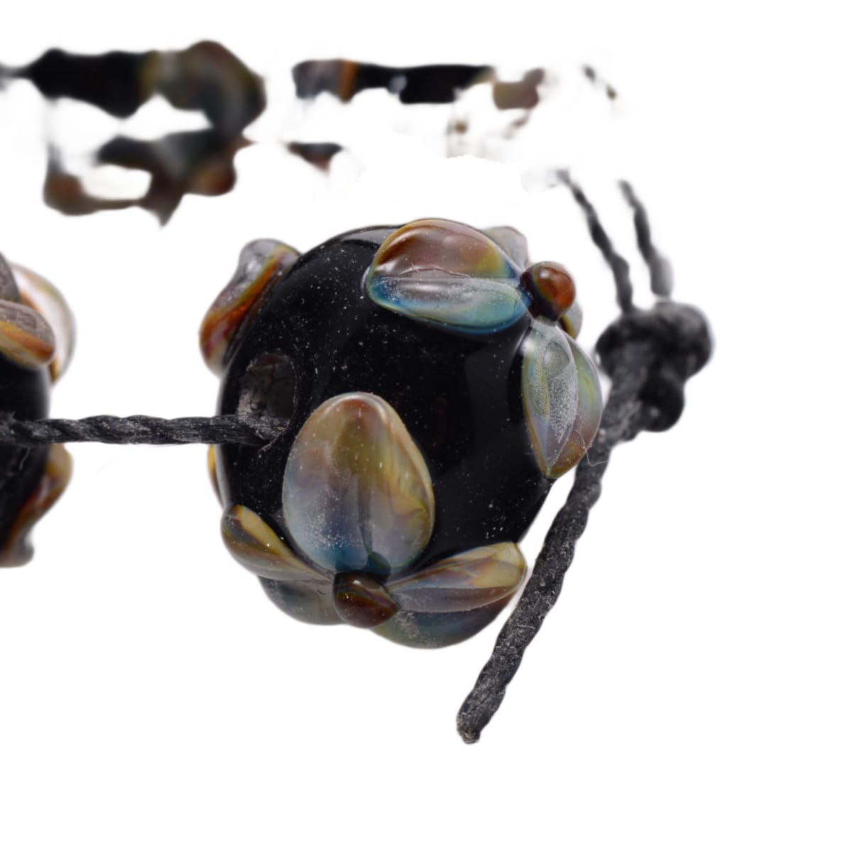 Lampwork Glass Flower Rondelle Beads - Black Multicolor 9x15mm - Set of 5 Handmade Art Glass Beads