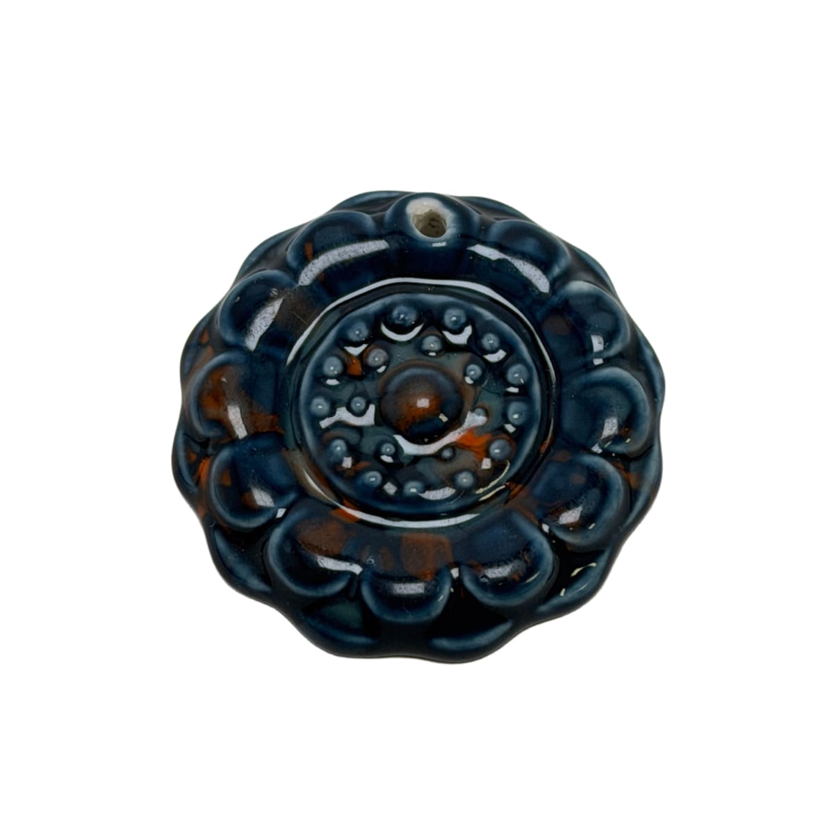 Ceramic Blue Orange Glazed Floral Pendant 45mm - Statement Focal Bead