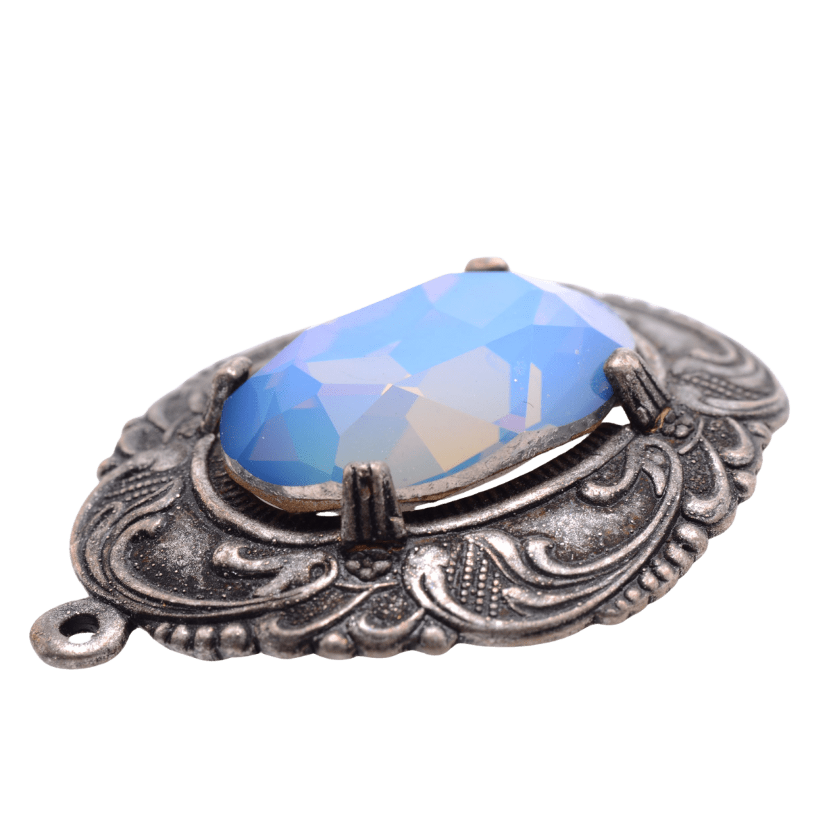 Blue Opalescent Glass Crystal Filigree Pendant 34mm - Vintage Style Statement Focal