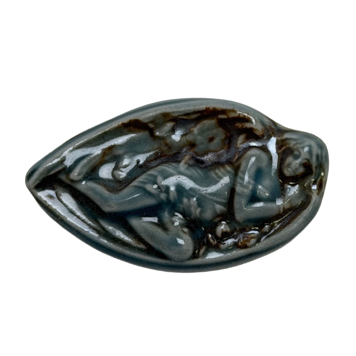 Ceramic Porcelain Sleeping Lady Focal Pendant - Gray Blue Carved Relief 47mm