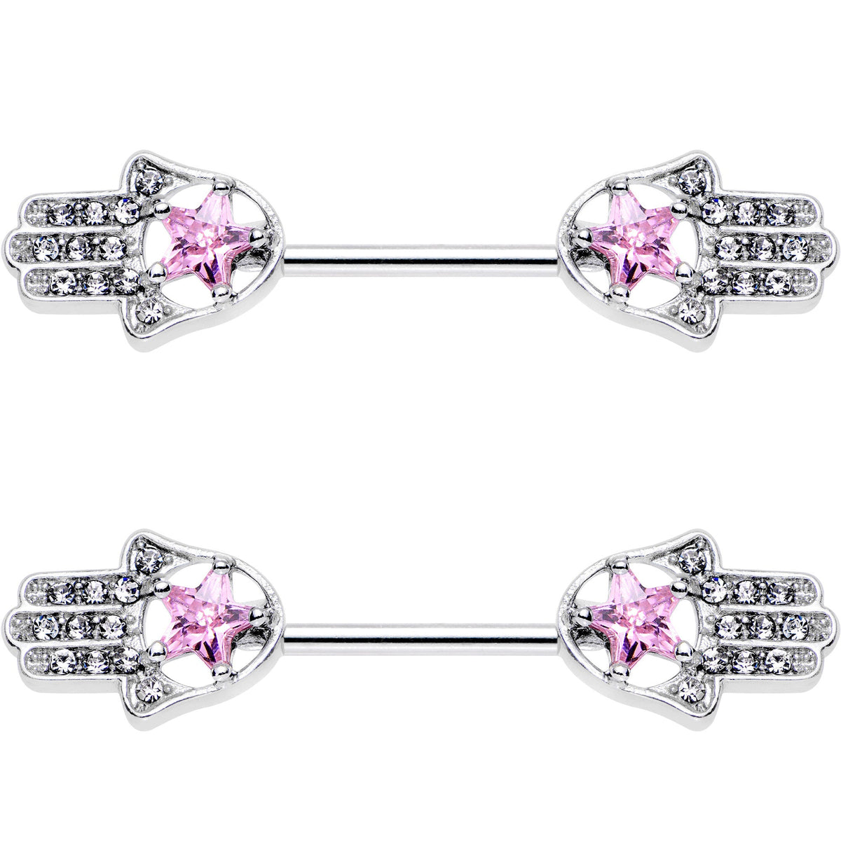 14G 9/16 Pink Gem Star Hamsa Hand Barbell Nipple Ring Set