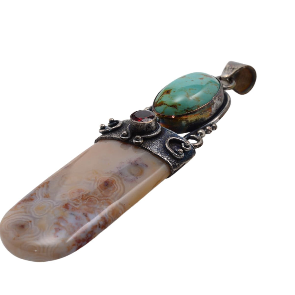 Sterling Silver Turquoise Agate Garnet Statement Pendant - Handcrafted 83mm Large Focal