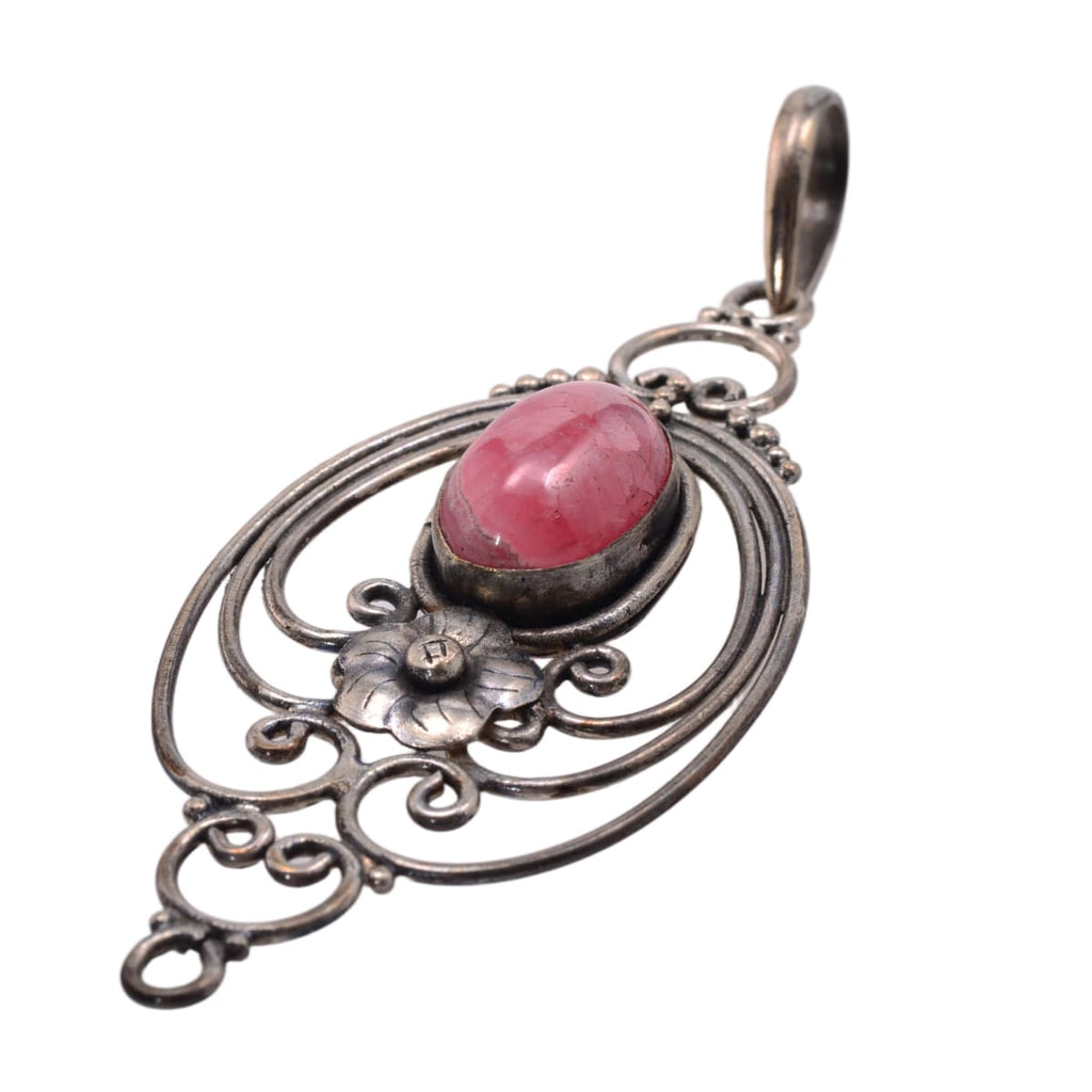 Pink Rhodochrosite Sterling Silver Ornate Filigree Pendant - 70mm Statement Focal