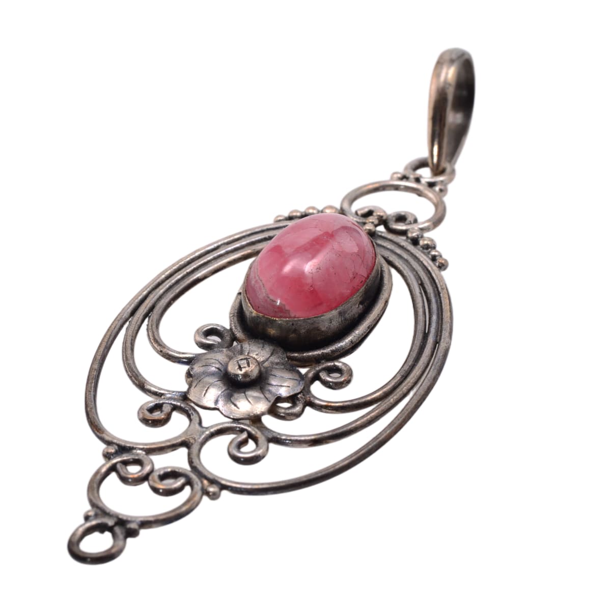 Pink Rhodochrosite Sterling Silver Ornate Filigree Pendant - 70mm Statement Focal