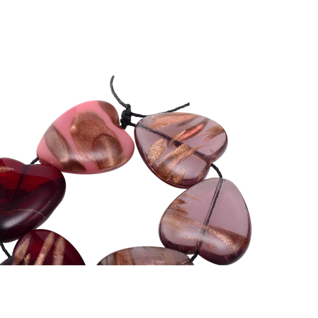 Copper Foiled Lampwork Glass Heart Beads - 22mm Pink Red Strand of 6