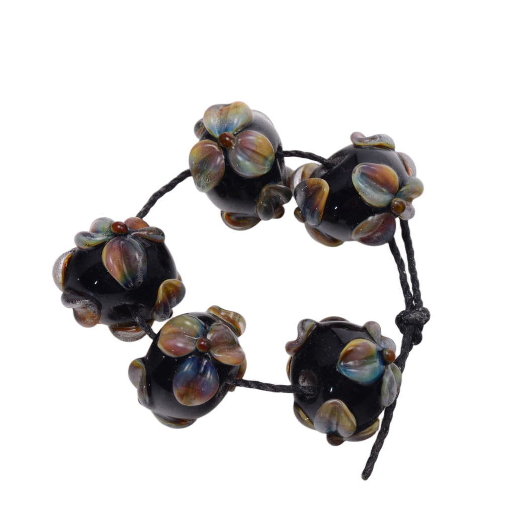 Lampwork Glass Flower Rondelle Beads - Black Multicolor 9x15mm - Set of 5 Handmade Art Glass Beads