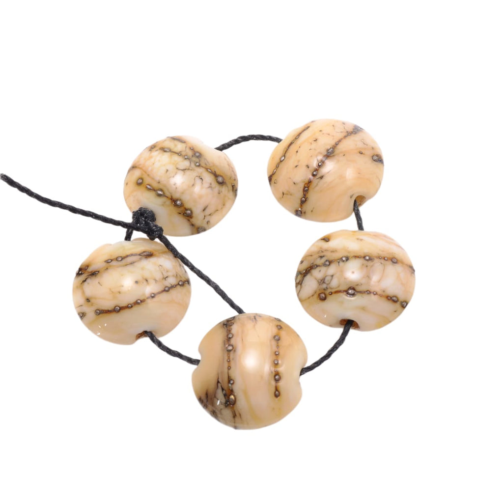Lampwork Glass Cream Ivory Lentil Beads with Silver Accents - 15-16mm - Set of 5 Handmade Art Glass Beads