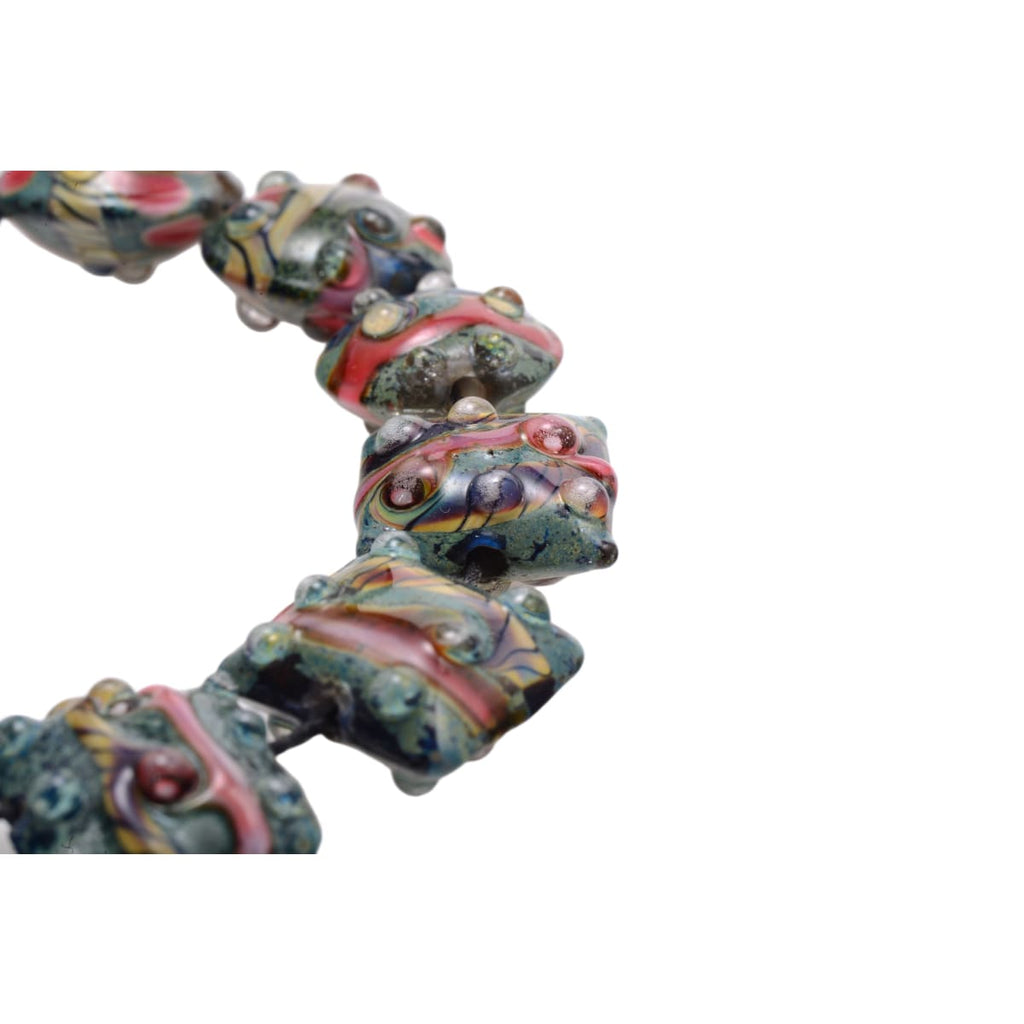 Grace Ma Handmade Lampwork Glass Bead Strand - Floral Teal Pink Gold 13 Beads Mixed Shapes