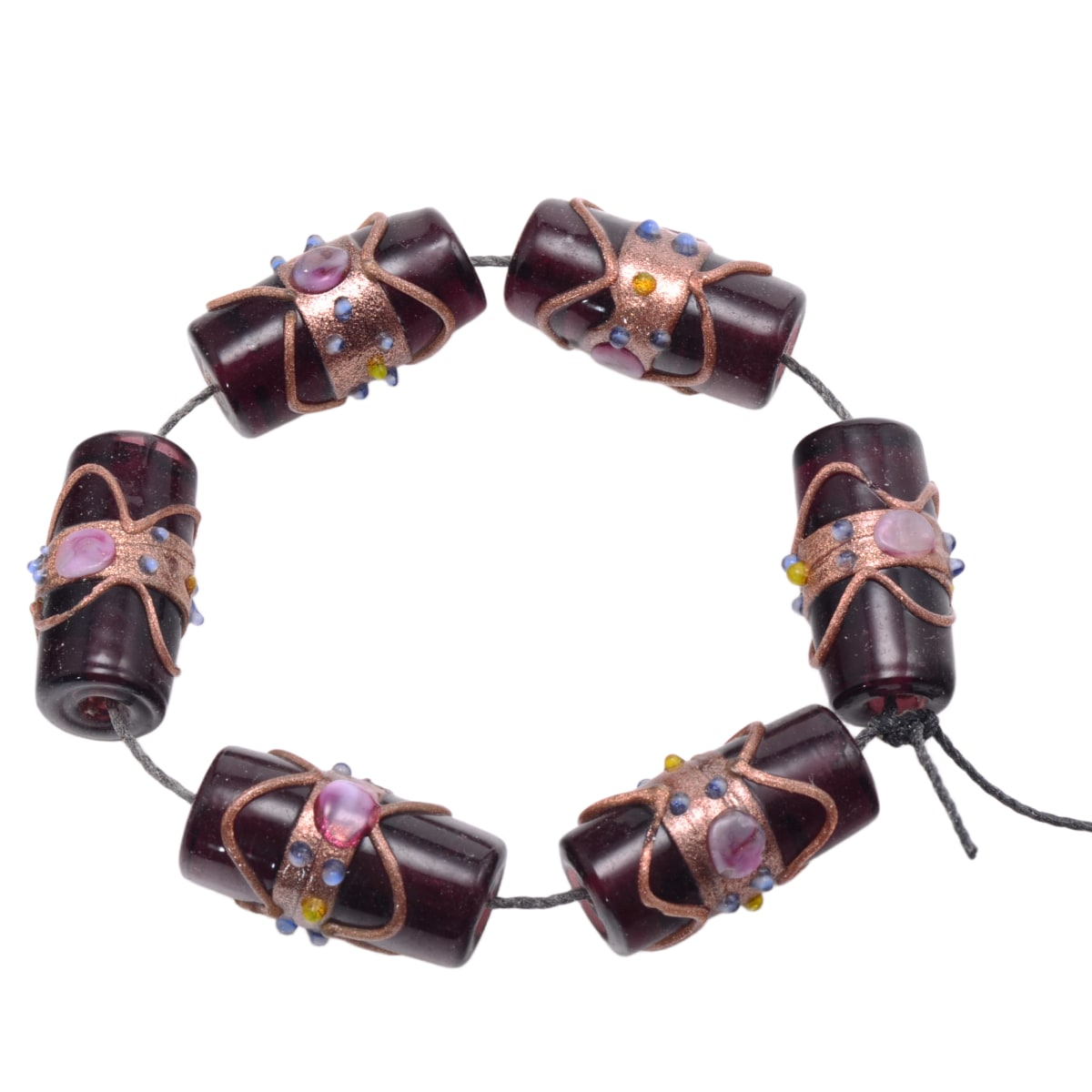 Artisan Lampwork Glass Cylinder Beads - Dark Purple with Copper Wire Detail - 6 Large 12x23mm Beads