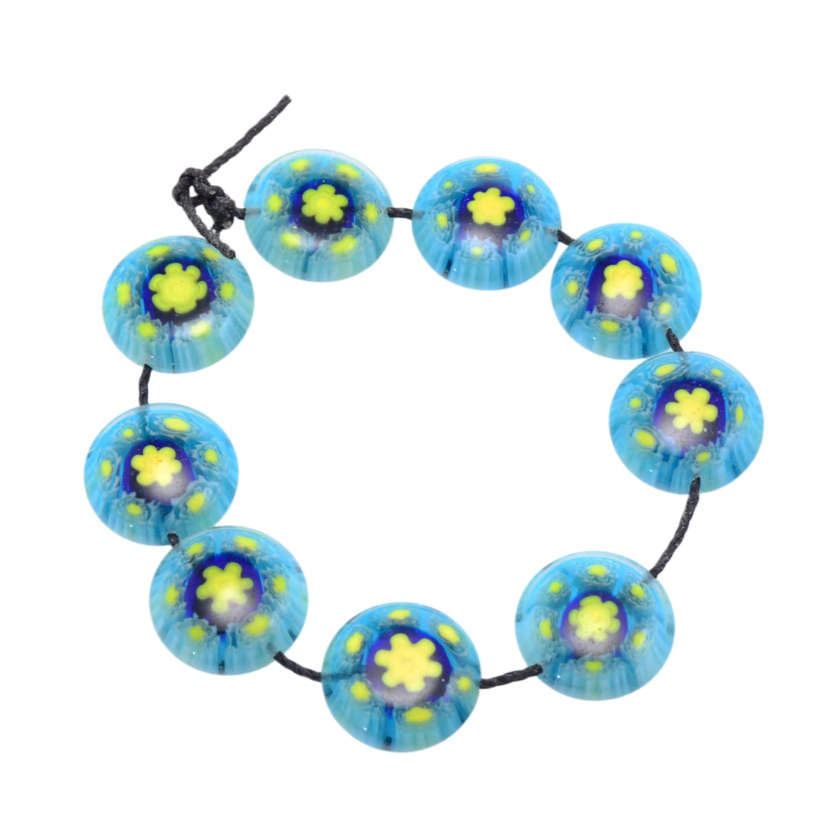 Lampwork Glass Coin Beads: Turquoise Blue with Yellow Flower Design 13mm - Set of 9