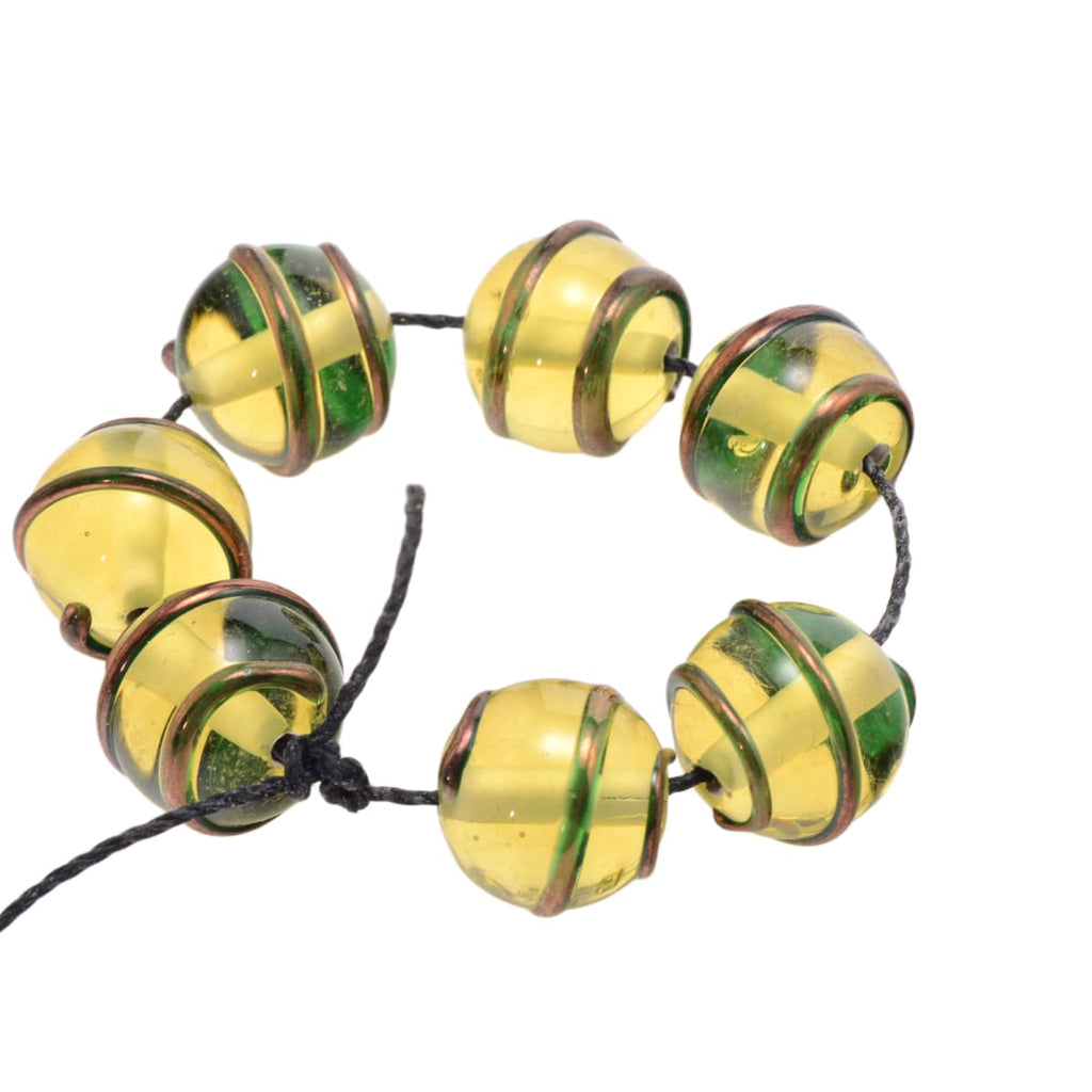Premium Lampwork Glass Round Beads - Yellow Green with Copper Spiral - 7 Piece 12mm Strand